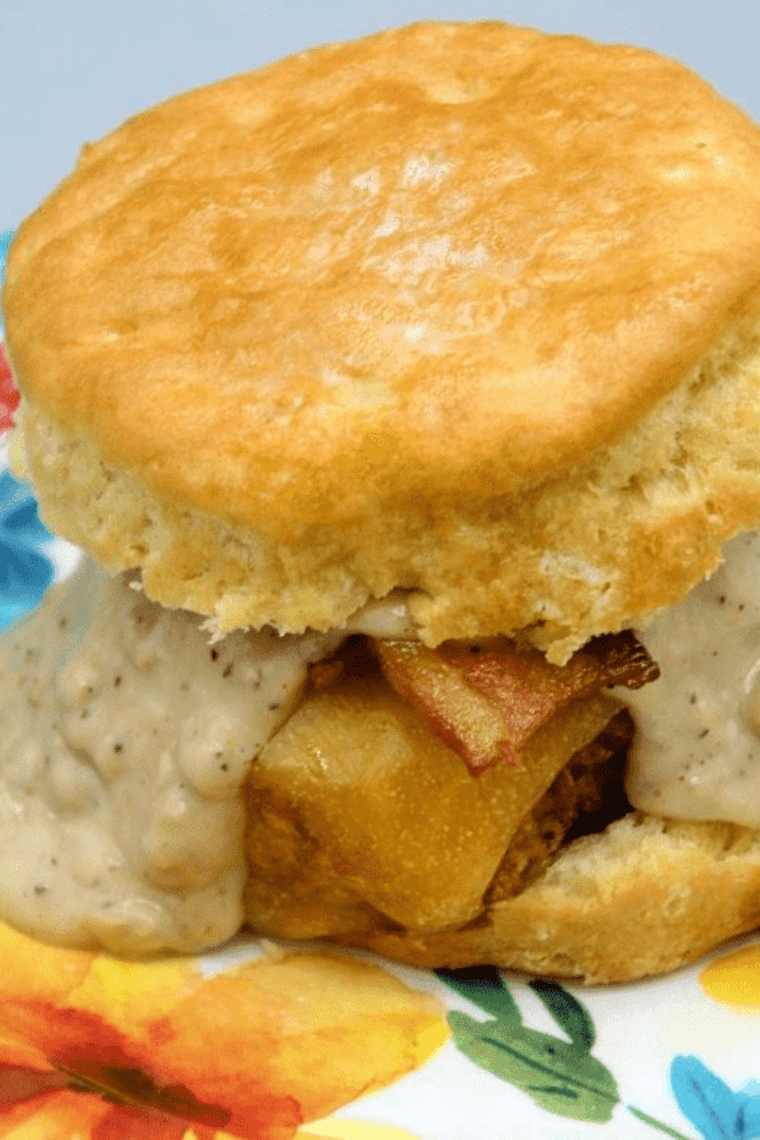 Air Fryer Chicken and Gravy Biscuit Sandwich with crispy chicken, creamy gravy, and a flaky biscuit.