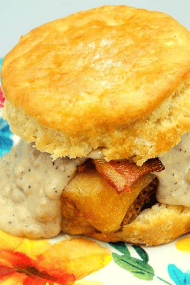 "Air Fryer Chicken and Gravy Biscuit Sandwich with crispy fried chicken and soft biscuit"