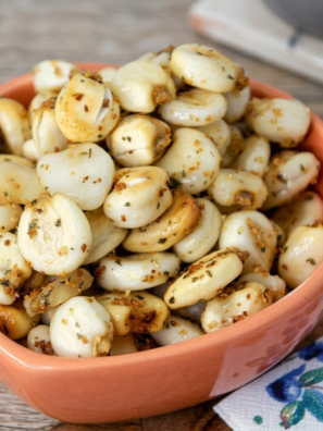 Homemade air fryer corn nuts golden and crispy in white bowl on wooden tabl