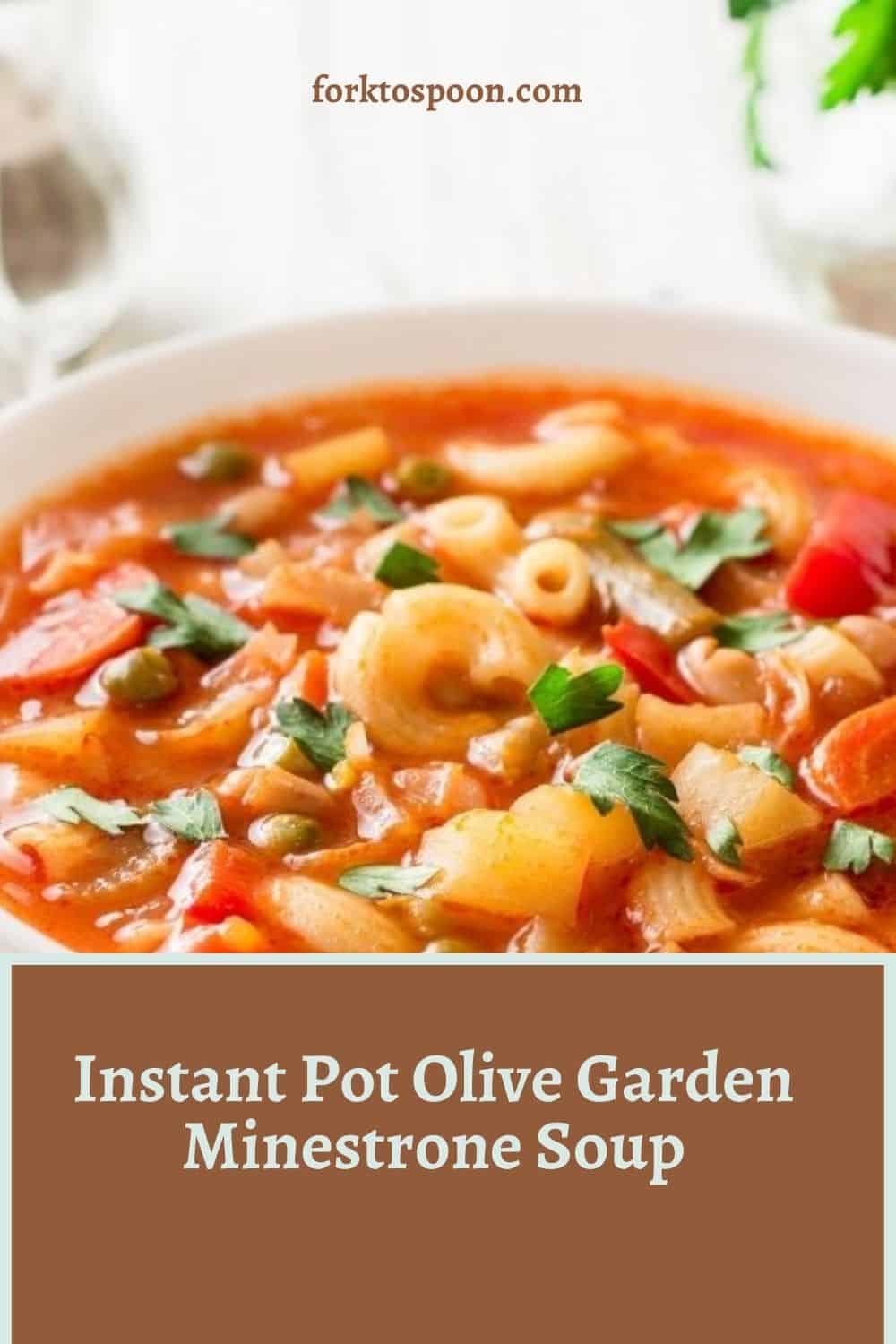 Pin for later for this recipe. There is an image of the Minestrone Soup filled with vegetables and pasta. The text on the pin reads 'Instant Pot Olive Garden Minestrone Soup'.