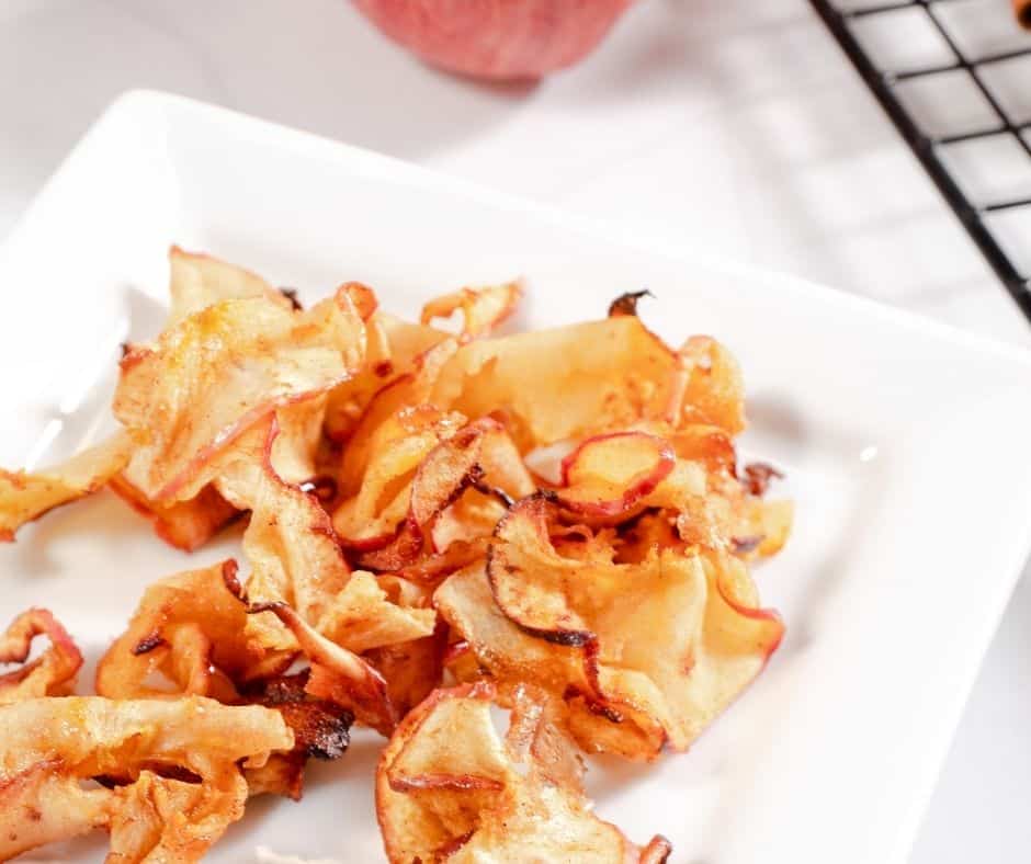 Air Fryer Apple Chips on a white plate