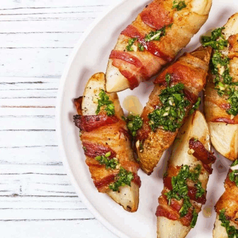 Air fryer bacon wrapped potato wedges cooked until crispy with golden brown bacon