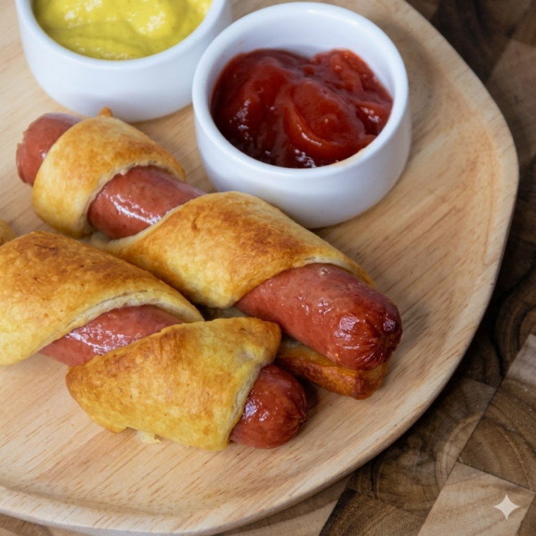 Air fryer crescent roll hot dogs wrapped in flaky dough with melted cheese, cooked until golden brown, crispy, and cheesy inside.