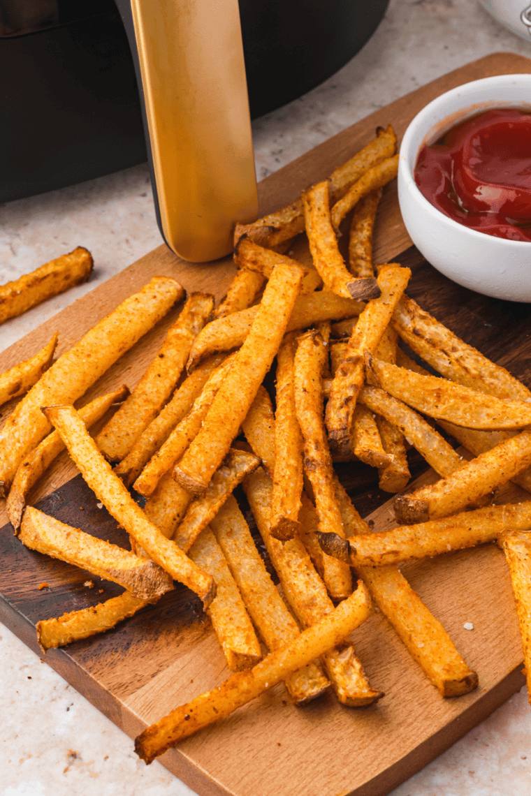 Crispy Jicama Fries made in the air fryer or oven, a healthy low-carb snack option.