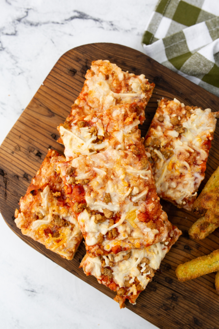 Bubbly melted cheese close-up on air-fried Totino's Party Pizza