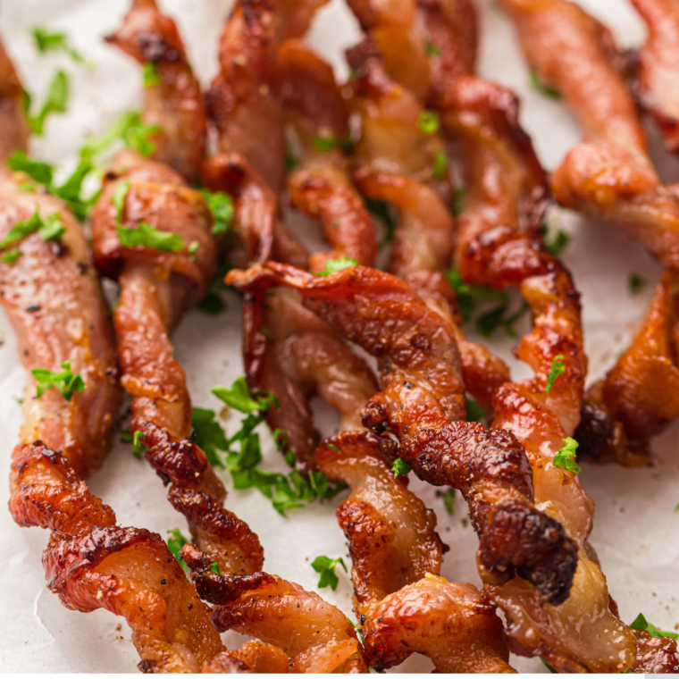 Plate of crispy, golden brown Air Fryer Twisted Bacon ready to serve.