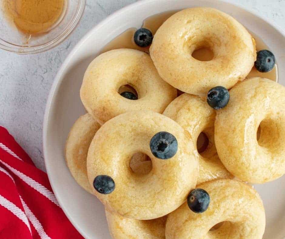 Pancake mix donuts in the BabyCakes Donut Maker, easy breakfast idea.