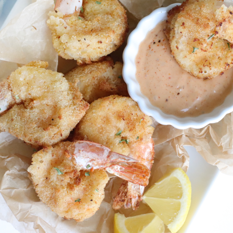 Golden and crispy Air Fryer Southern Style Shrimp with seasoned coating, served in a basket.