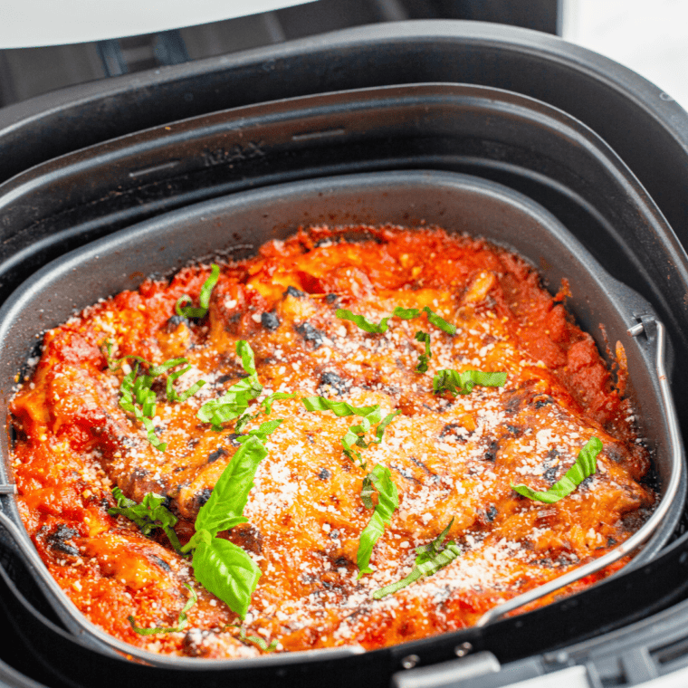 closeup: cooked air fryer lasagna