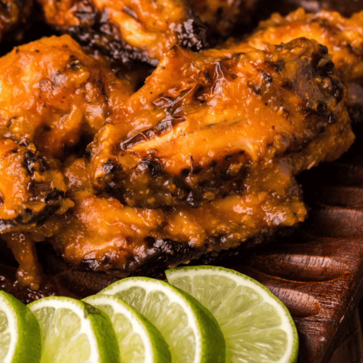Plate of crispy homemade Wingstop mango habanero wings garnished with fresh herbs and served with dipping sauce.