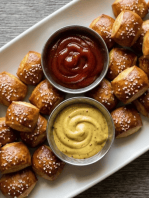 Golden air fryer bite-size pretzels piled in a bowl with coarse salt