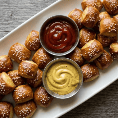 Golden air fryer bite-size pretzels piled in a bowl with coarse salt