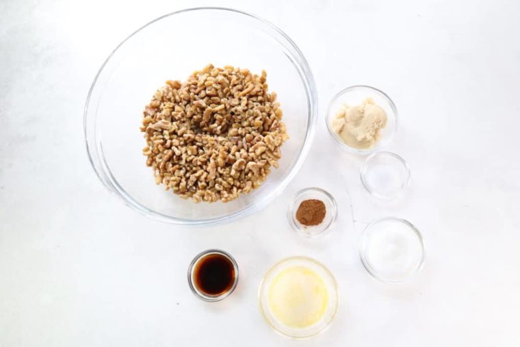 overhead: ingredients needed for air fryer candied walnuts