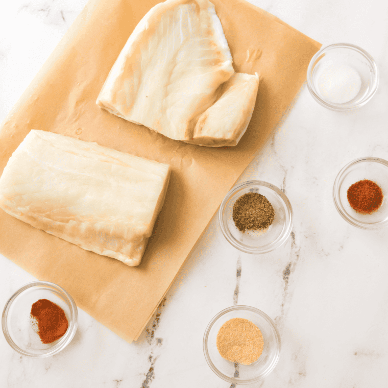 Ingredients needed for Air Fryer Halibut on kitchen table.