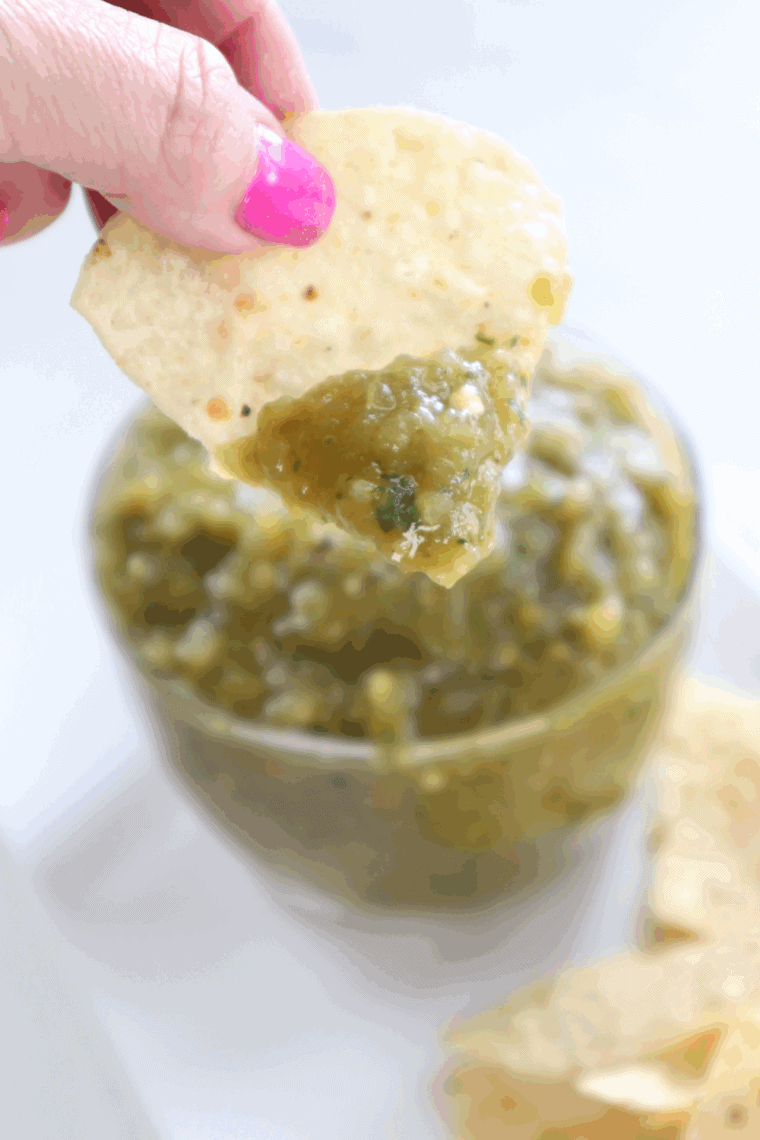 Air Fryer Salsa Verde made with roasted tomatillos, peppers, and garlic, ready to serve as a tangy dip or topping for tacos.