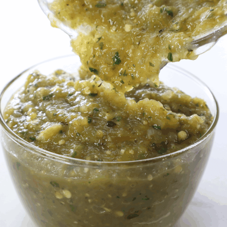 Air Fryer Salsa Verde, made with roasted tomatillos, garlic, and cilantro, perfect for dipping or as a topping for tacos and grilled dishes.