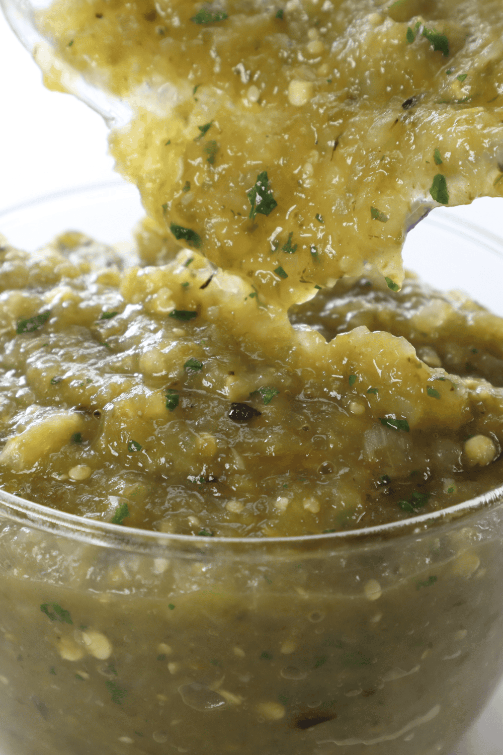 Freshly made Air Fryer Salsa Verde with roasted tomatillos, peppers, and garlic, ready for dipping or serving with tacos.