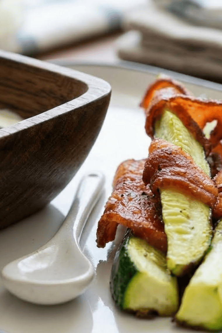 Crispy bacon-wrapped zucchini wedges served on a plate, air fryer cooked and golden brown.