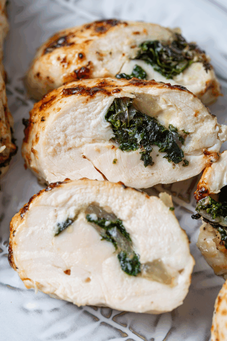air fryer feta and spinach stuffed chicken breasts cooked until juicy with creamy spinach and feta filling