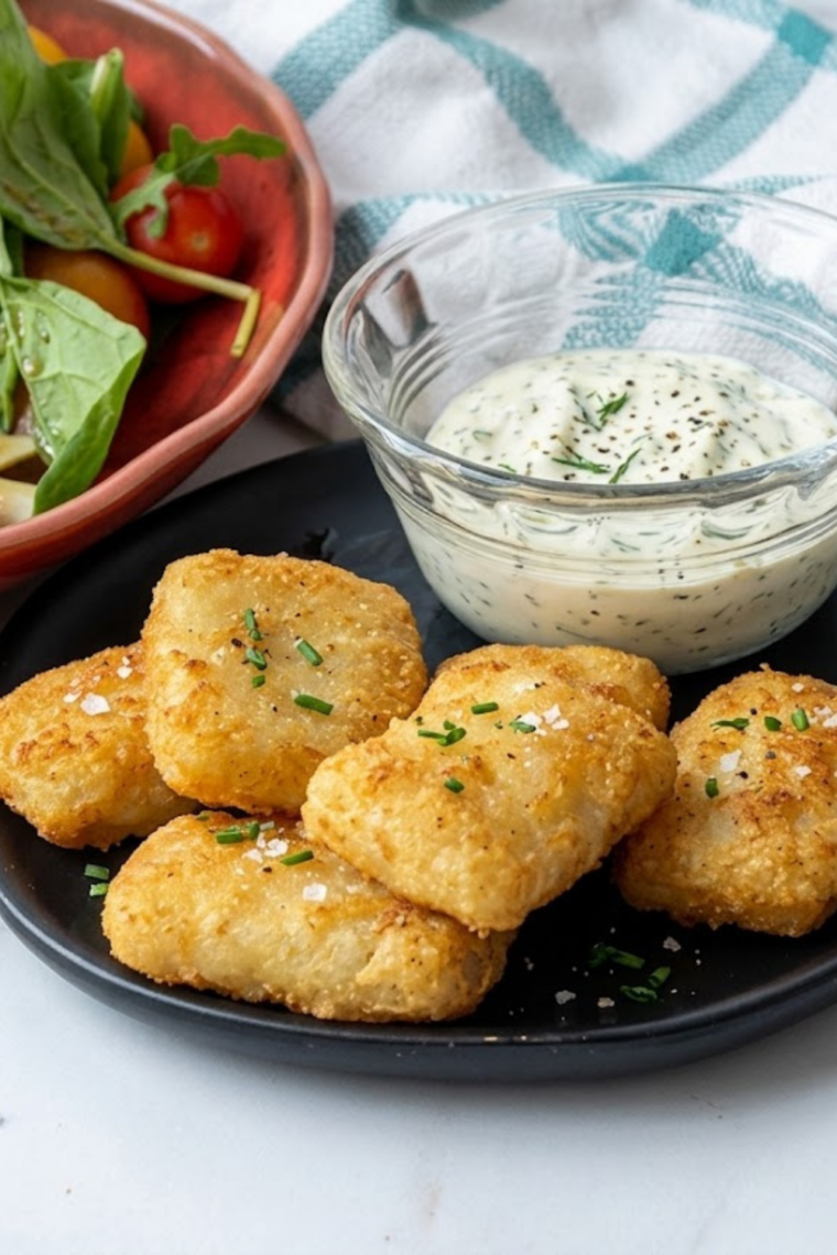 Air fried Trader Joe's fish nuggets served with tartar sauce and lemon wedges