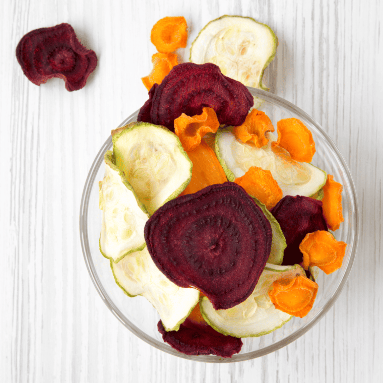 overhead closeup: a bowl of air fryer veggie chips