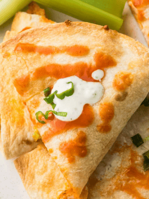 Air fryer Southwest chicken quesadilla made with melted cheese, seasoned chicken, and golden crispy tortilla.