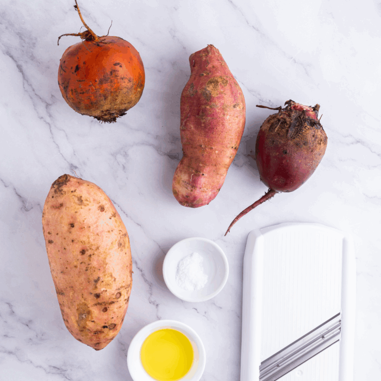 Ingredients needed for Air Fryer Copycat Terra Vegetable Chips on kitchen table.