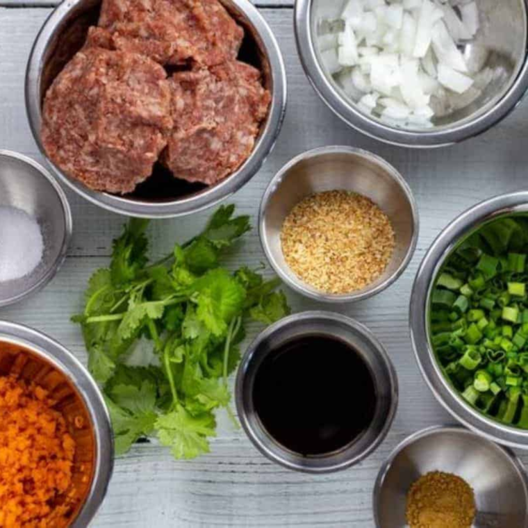 overhead: lumpia air fryer ingredients in bowls