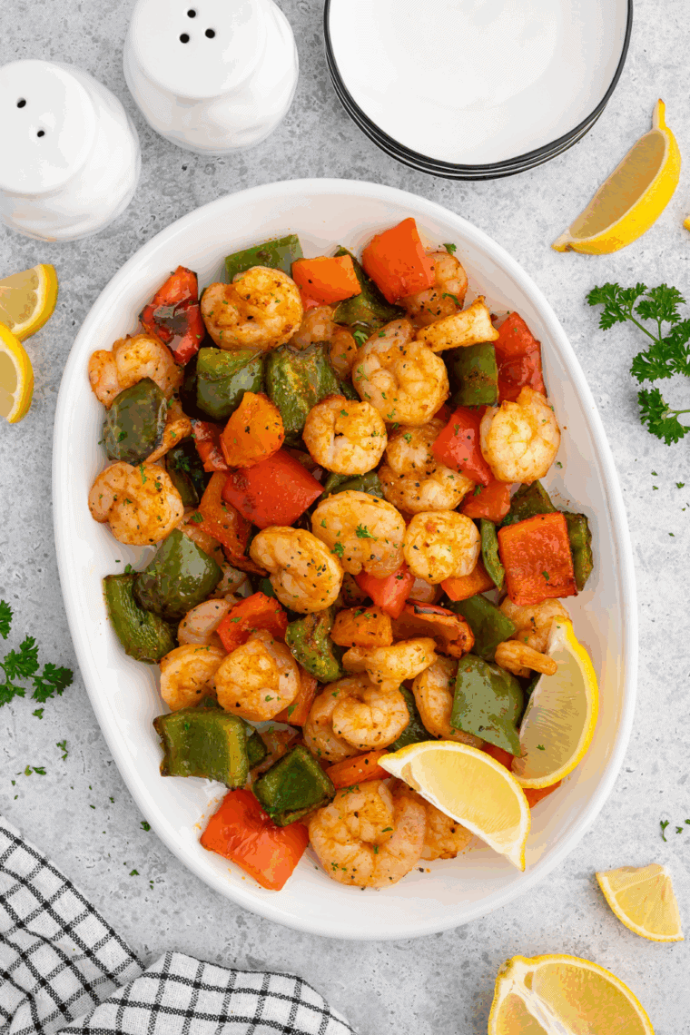 Air-fried shrimp stir-fry with bell peppers and snap peas in a savory-sweet sauce, inspired by Panda Express Wok-Fired Shrimp.