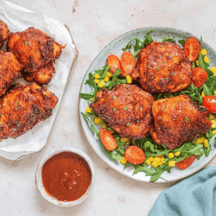Air fryer buffalo chicken thighs seasoned with garlic, paprika, and buffalo sauce for a crispy and flavorful meal.