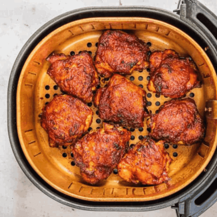 Season chicken thighs with spices, coat with oil, air fry.