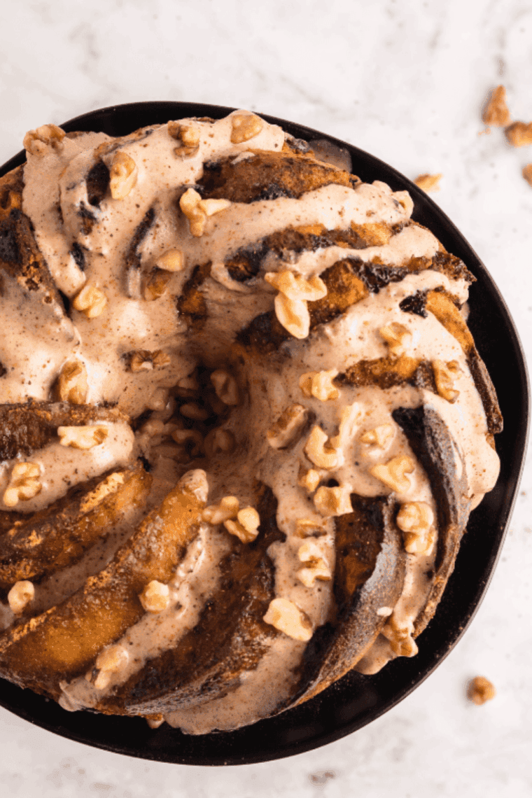 Golden, pull-apart cinnamon roll monkey bread fresh from the air fryer