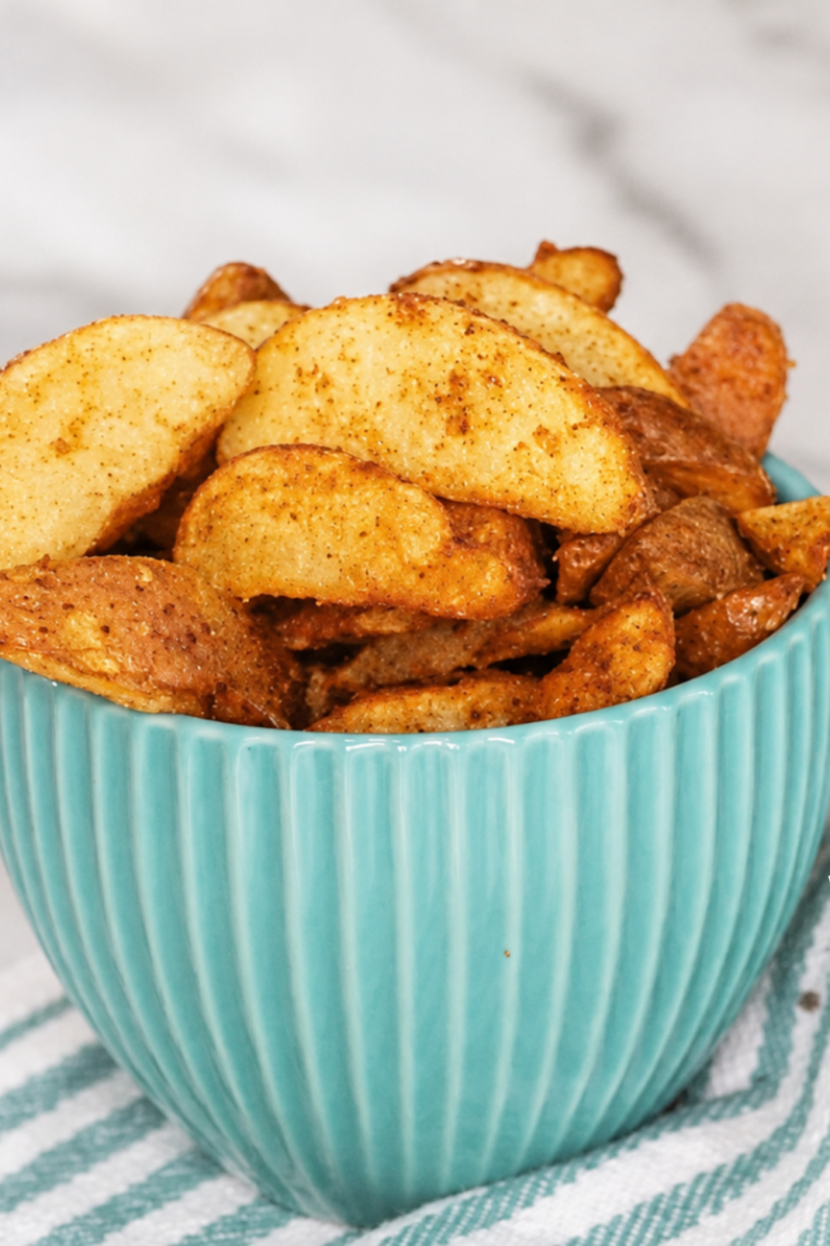 Overhead view of crispy air fryer frozen potato wedges on a plate