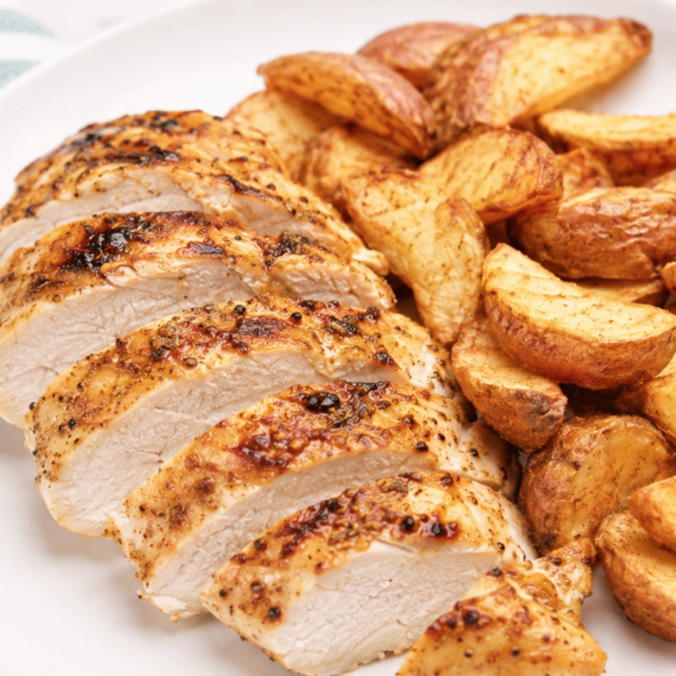 Close-up of crispy seasoned potato wedges cooked from frozen in an air fryer