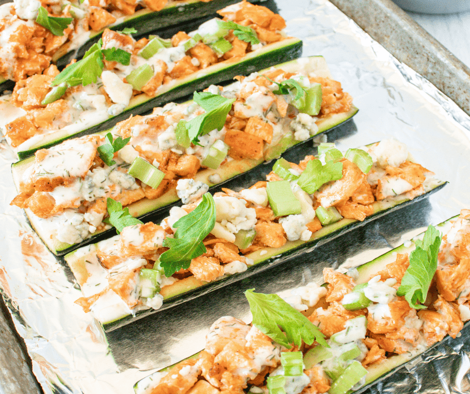 Air Fryer Zucchini Boats On Plate, ready for serving!