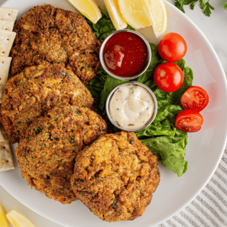 Crispy air fryer crab cakes served hot with lemon wedges and dipping sauce on a plate