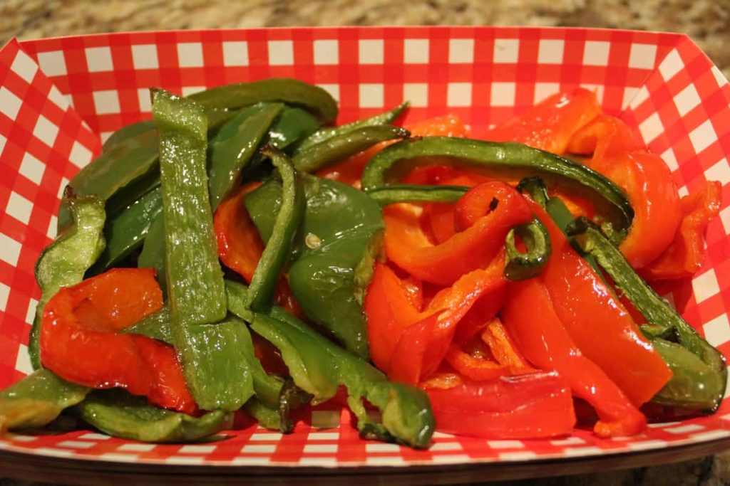 air fried bell peppers in a red and white checkered tray