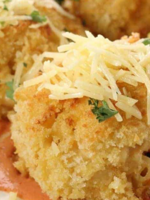 Close-up of crispy fried macaroni and cheese bites from the air fryer.