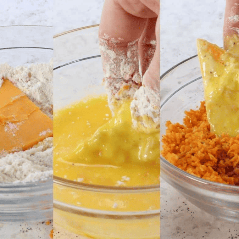 Set up dredging stations with three bowls: one with flour, garlic powder, salt, and pepper; one with beaten eggs; and one with crushed Doritos.