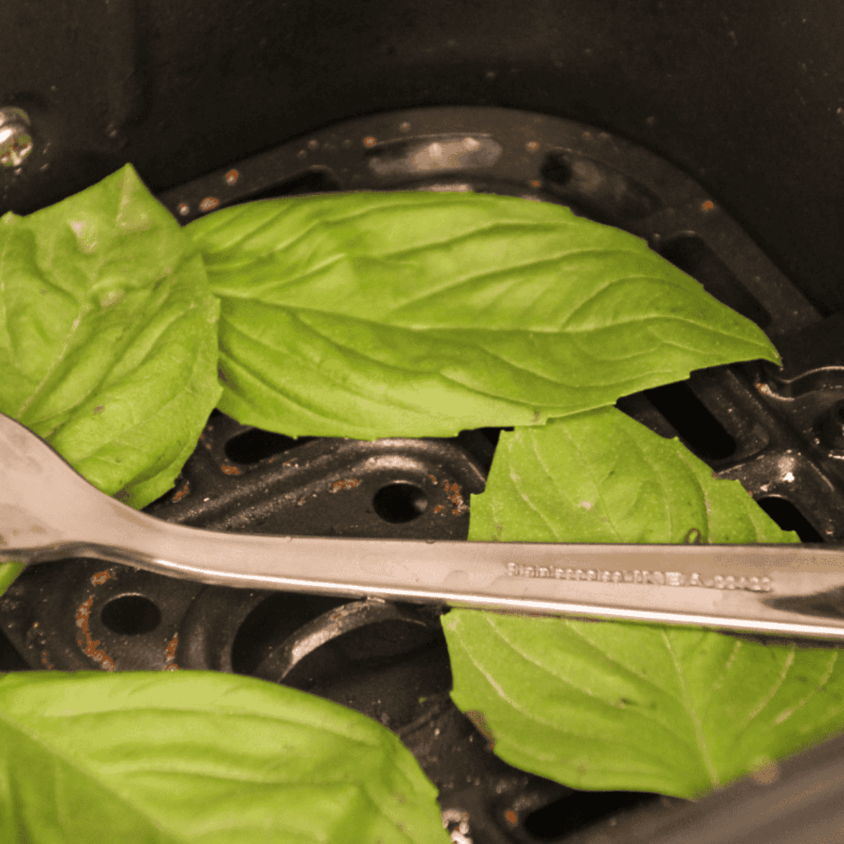 Place a spoon, or fork over the basil leaves to keep them from flying around.