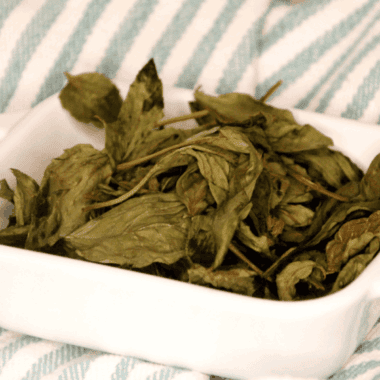 Dried basil leaves in a small bowl with fresh basil and an air fryer in the background.