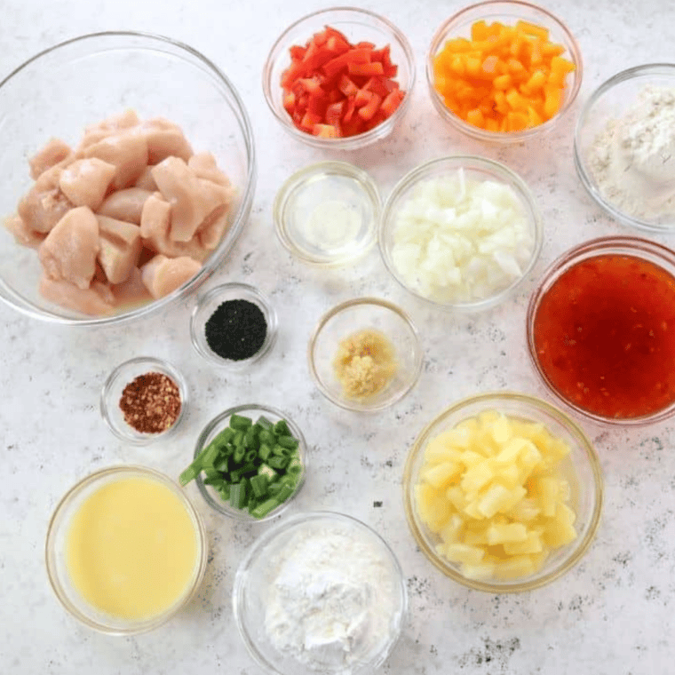 Ingredients needed for Air Fryer Panda Express Sweet Fire Chicken Copycat on kitchen table.