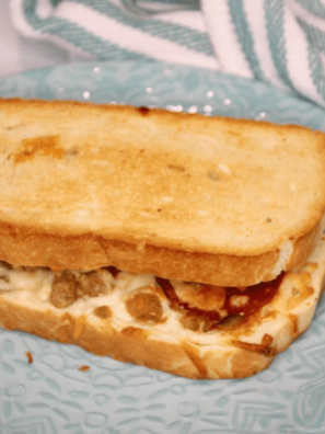 Air fryer Red Baron pizza melt with crispy toasted bread and melted cheese and pepperoni filling