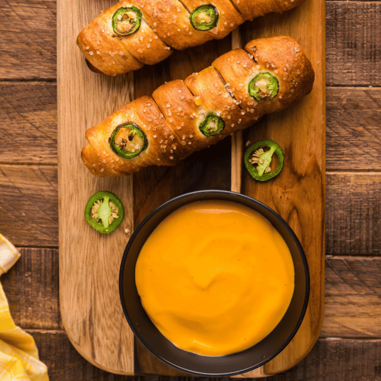 Bowl of creamy beer cheese dip served with soft pretzels for dipping