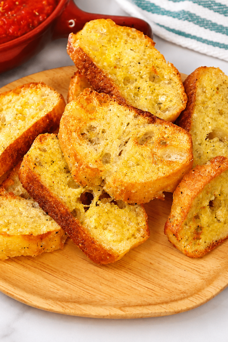 Air fryer crostini recipe made with baguette, olive oil, and sea salt