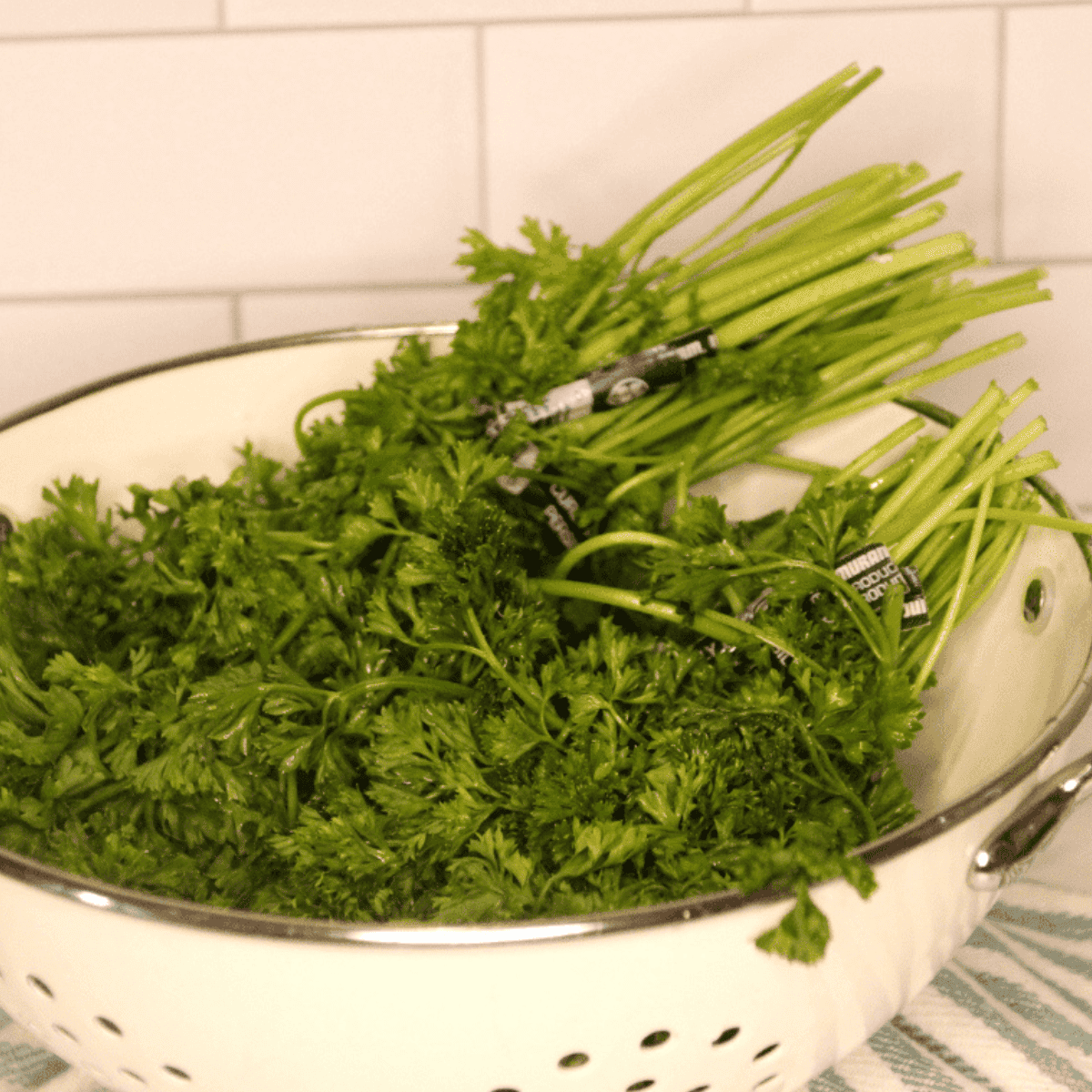 Ingredients needed for Air Fryer Dehydrated Parsley on kitchen table.