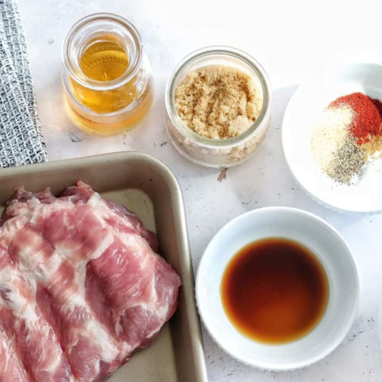 Ingredients needed for Air Fryer Fireball Glazed Ribs on kitchen table.