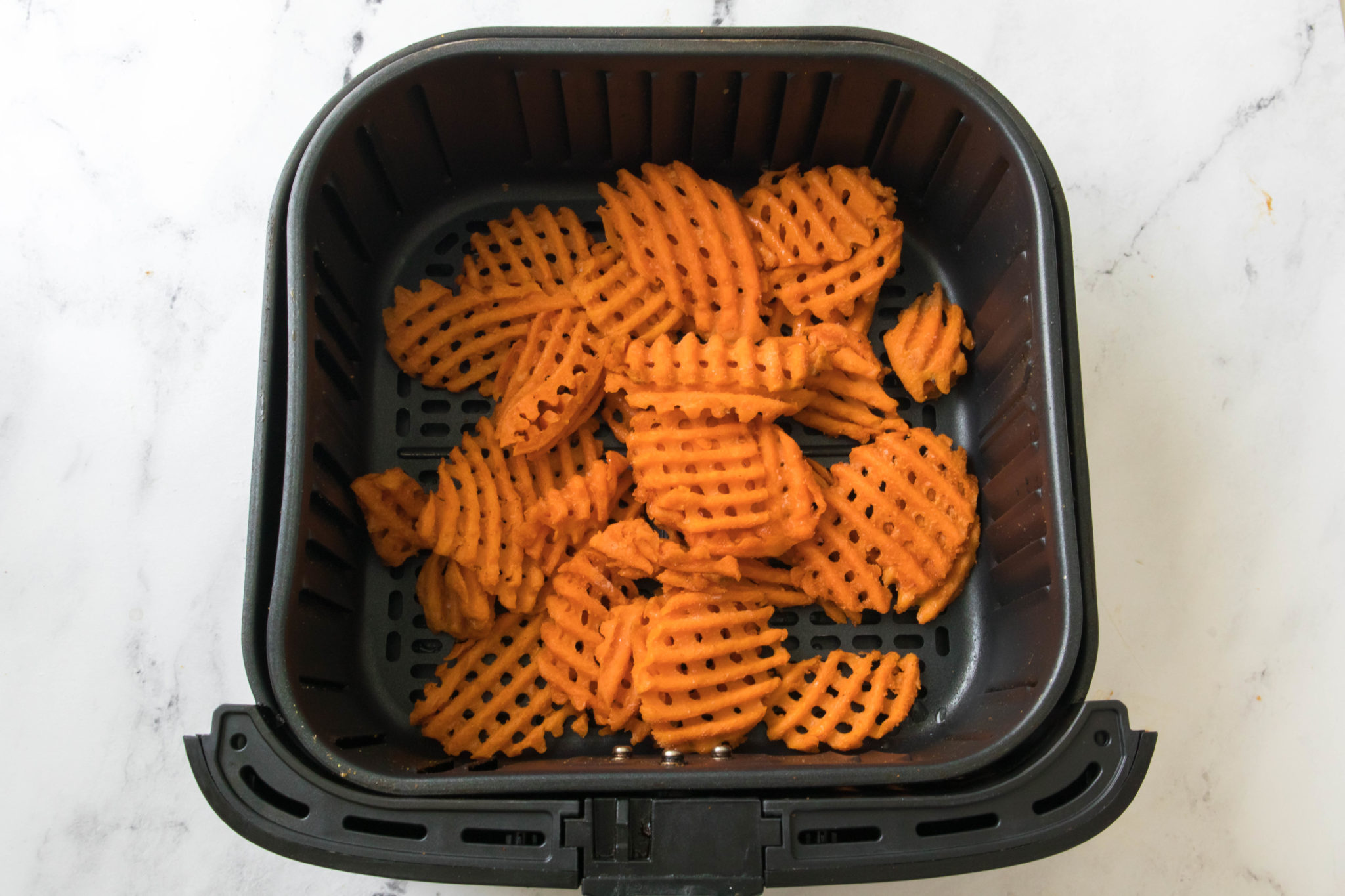 Air Fryer Frozen Sweet Potato Waffle Fries Fork To Spoon