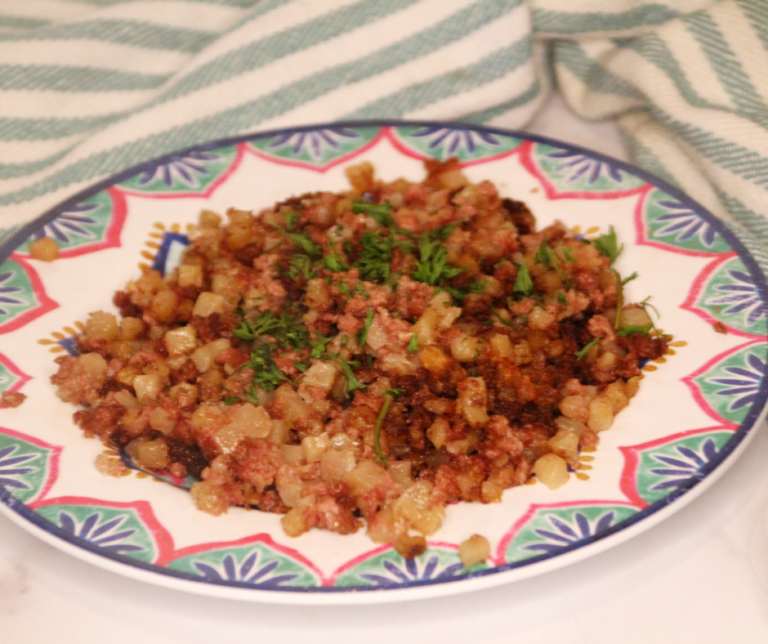Cooking canned corned beef hash in air fryer fork to spoon