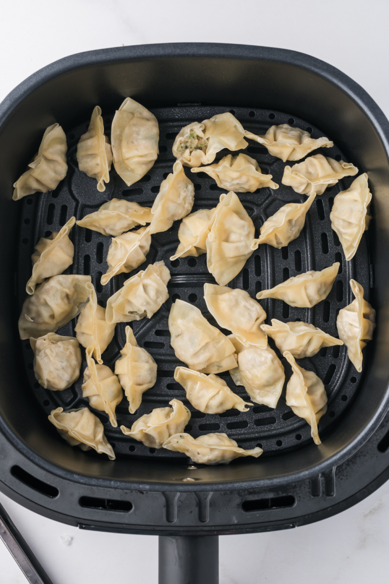 Potstickers arranged in a single layer in the air fryer basket with space between each&rdquo;